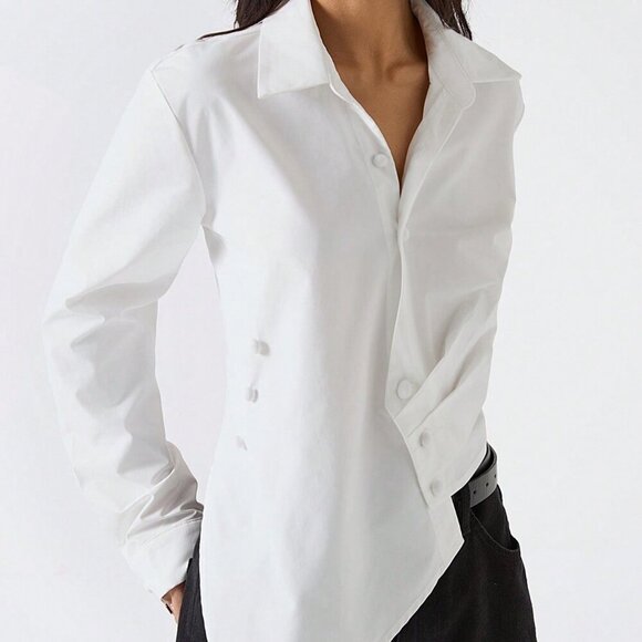 White Minimalist Women's Elegant Long Sleeve button detailed Shirt - Picture 8 of 8